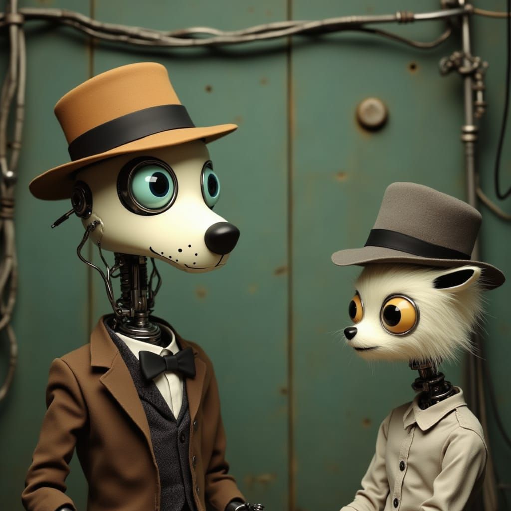 Robot Friends in Whimsical Hats Standing Before a Green Wall