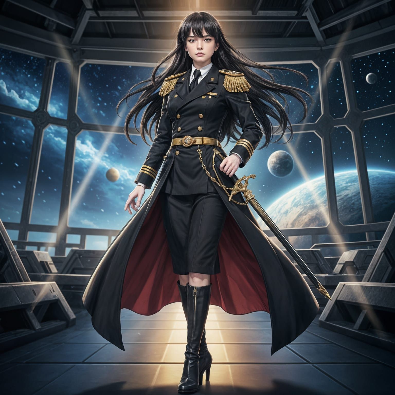 Anime Female Admiral in Black Navy Uniform with Sword
