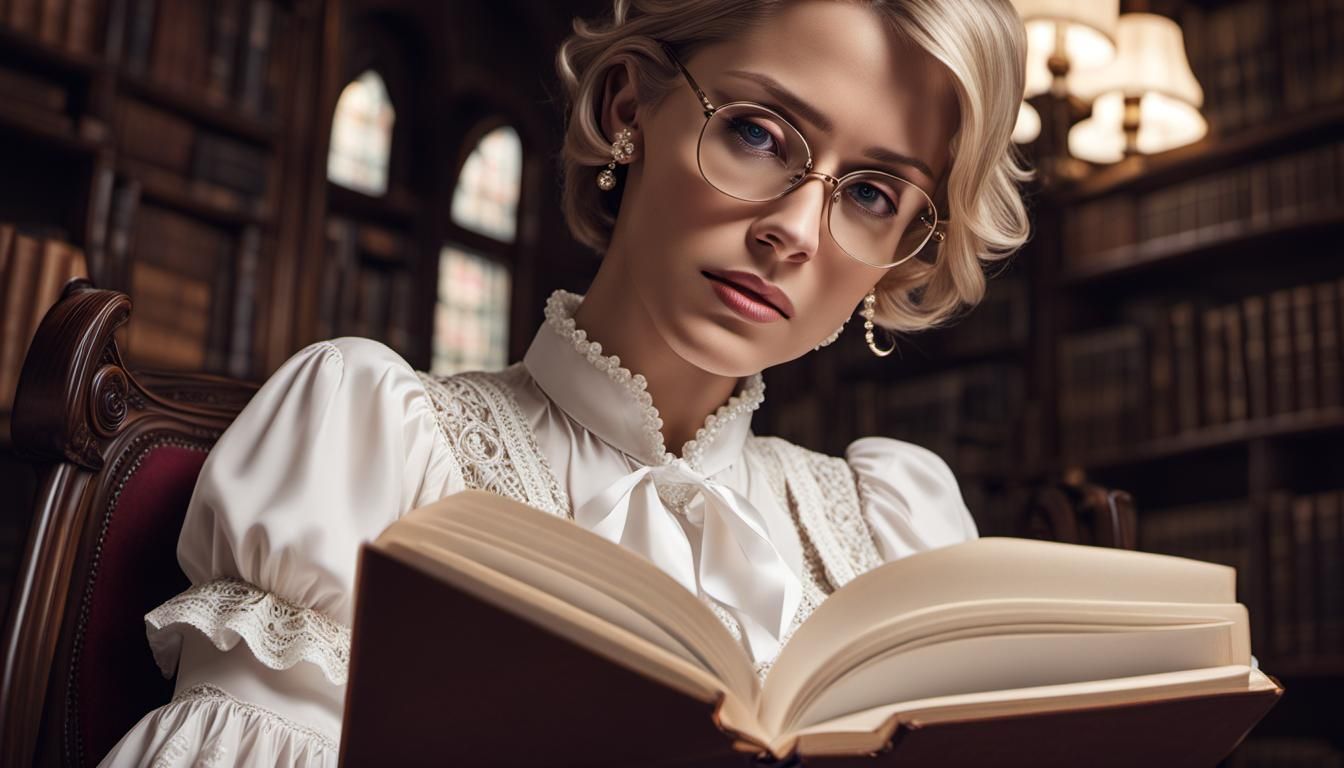 Woman Reading in Library: Hyperrealistic 64 Megapixel Image