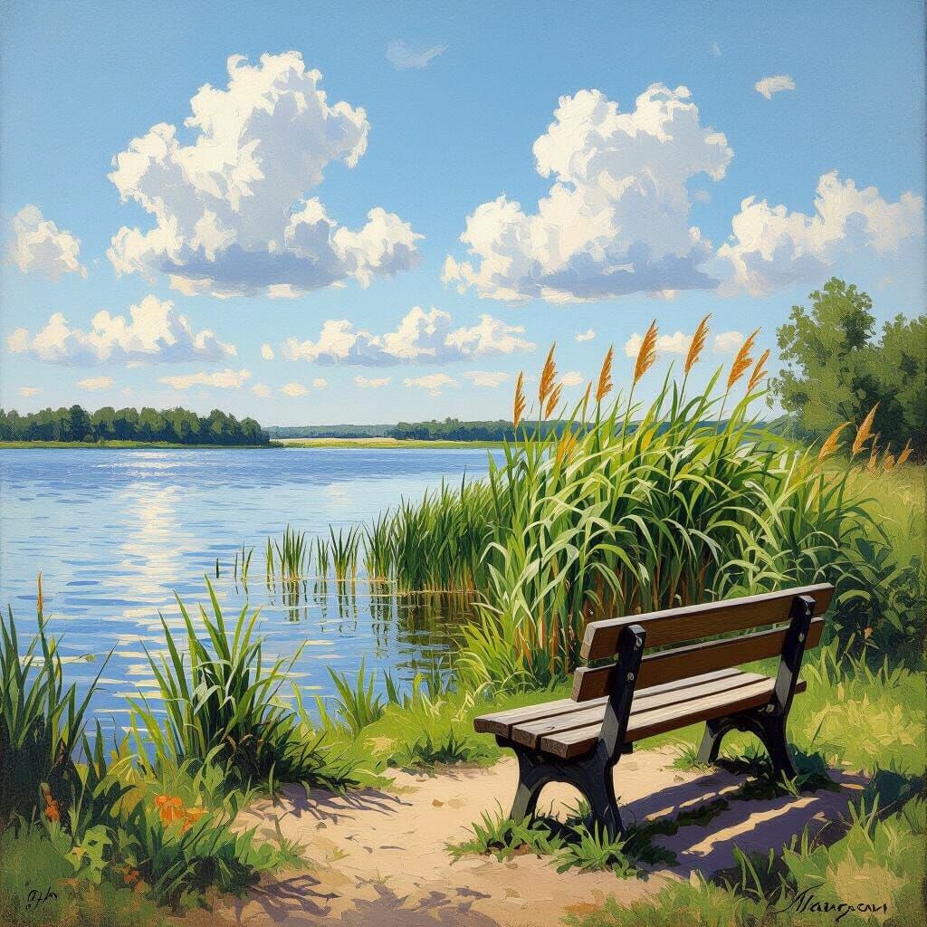 Sunlit Lake Shore with Wooden Bench, Naturalistic Style