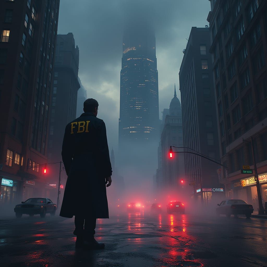 FBI Agent Gritty Cityscape at Dusk, Crime Scene Investigatio...