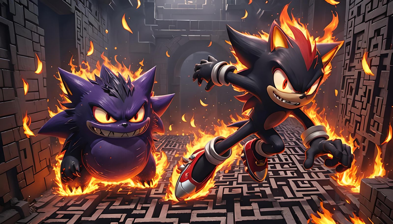 Shadow and Gengar Race Through a Flaming Maze