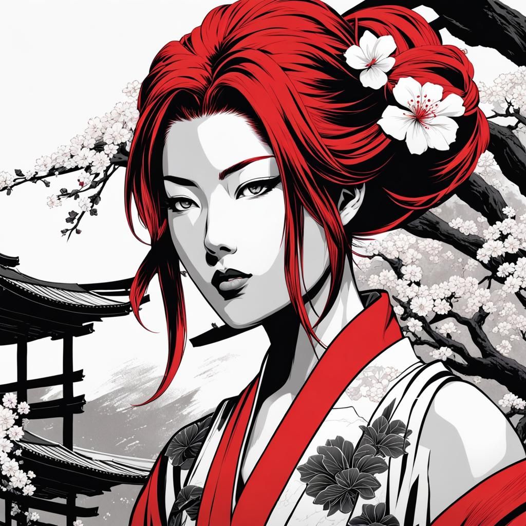 Geisha in Sakura Dress: Ukiyo-e Style Artwork