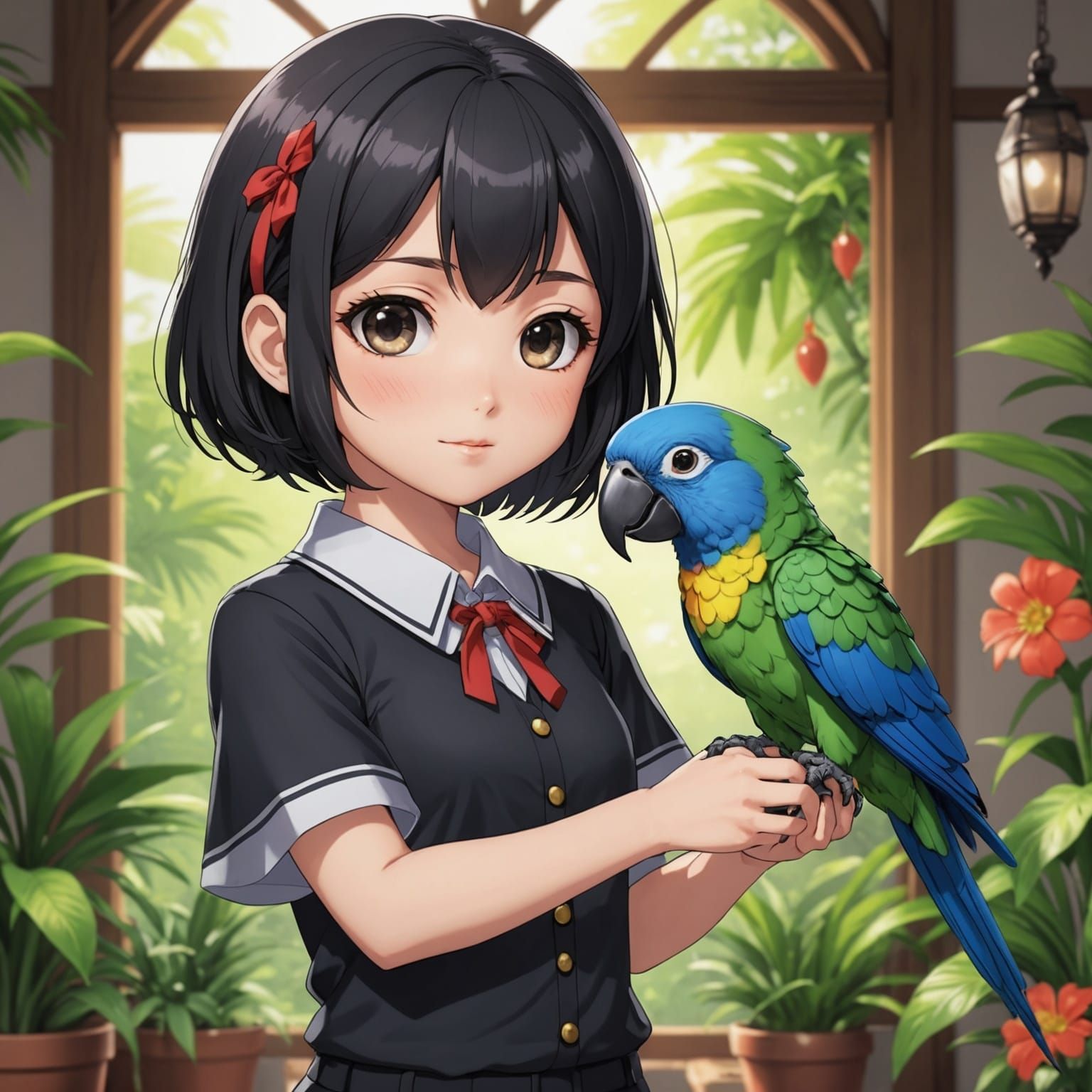 Anime Girl Petting Parrot: Detailed Manga Art