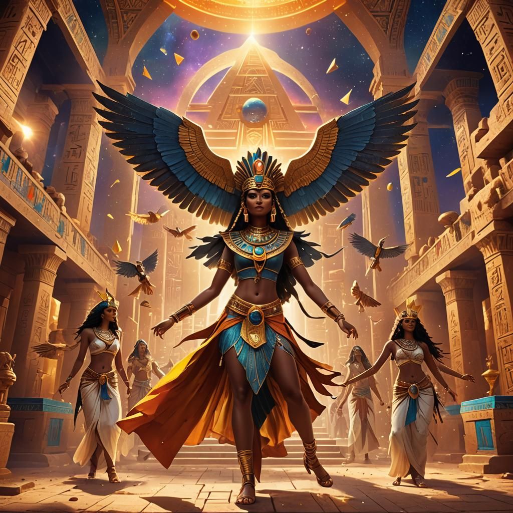 Winged Goddesses Dance in Egyptian Temple