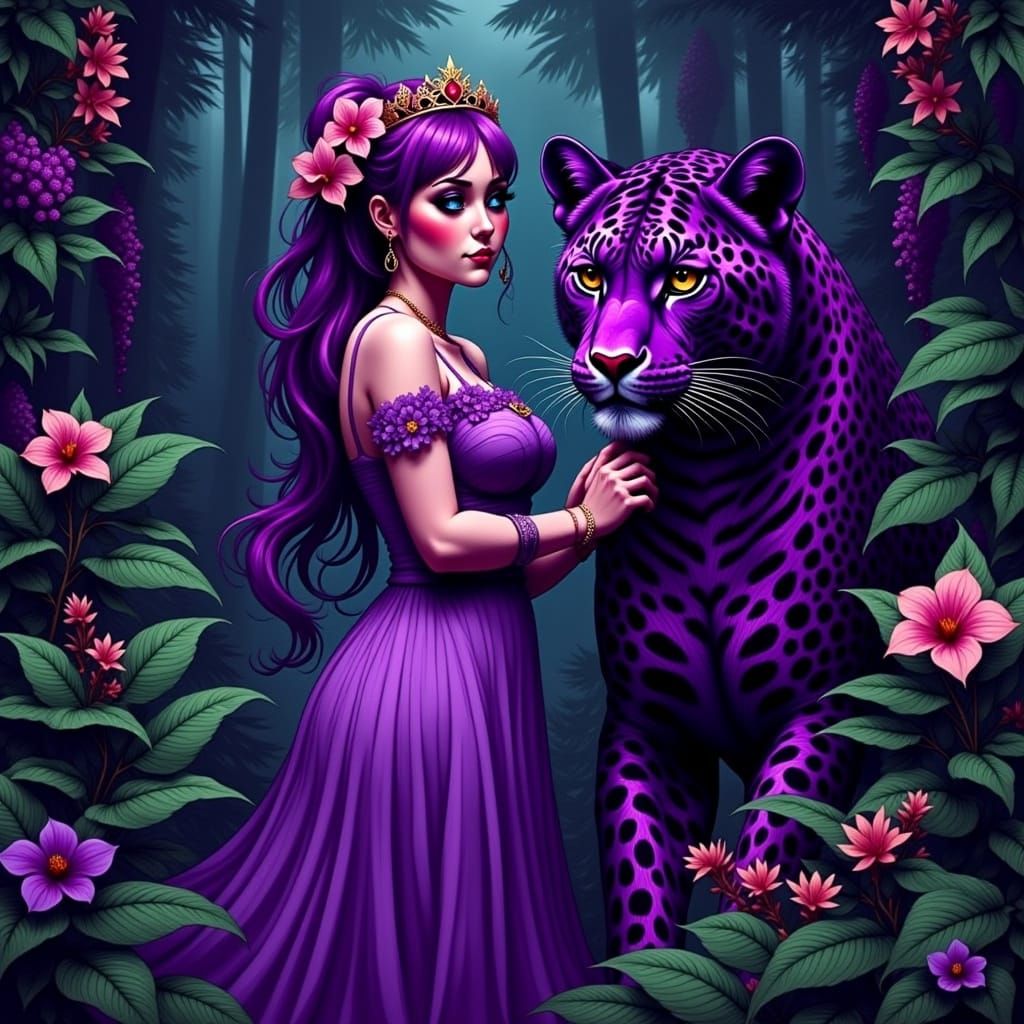 Purple Jungle Princess with Leopard, Dreamy Photorealism
