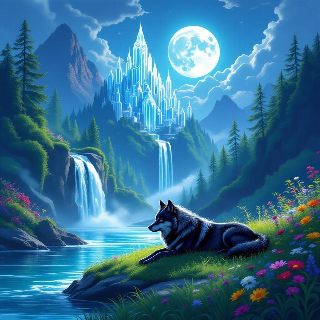 Black Wolf by Waterfall Under Full Moon