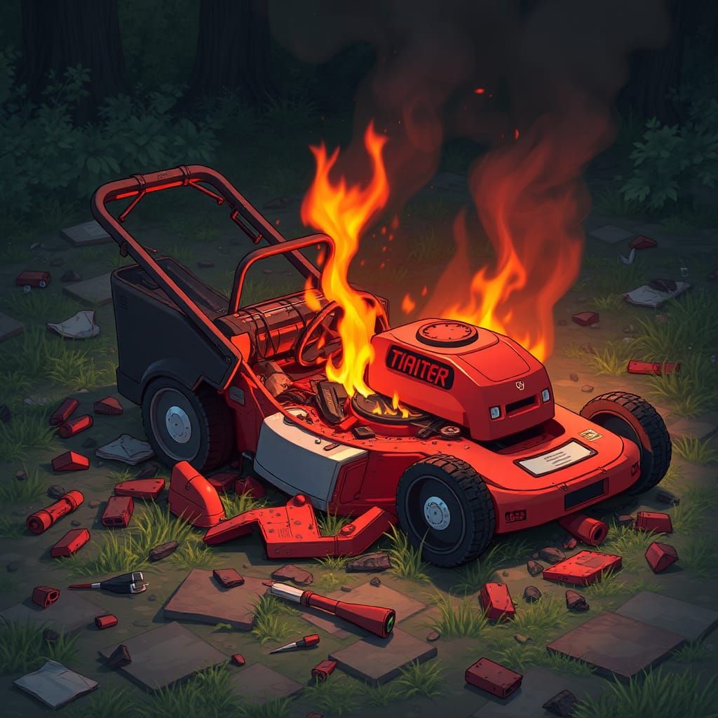 Burnt Lawnmower Debris in Anime Style