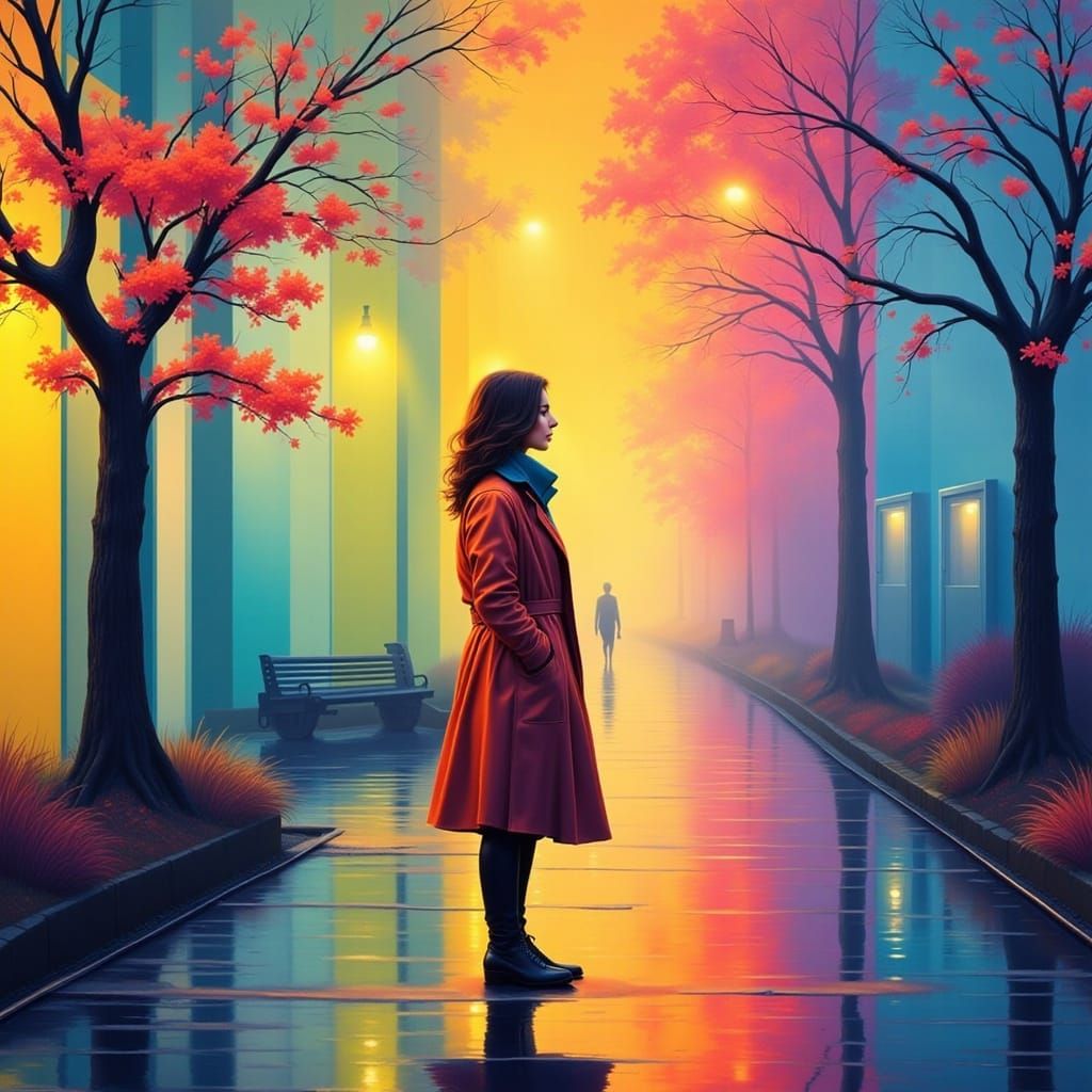 Foggy Morning Encounter in Vibrant Pop Art Style