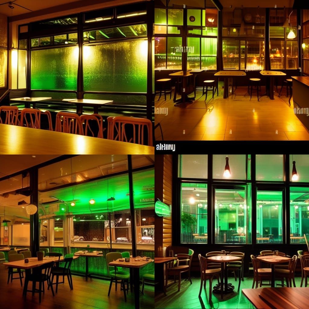 Cozy Green-Lit Night Cafe with Rainy Windows