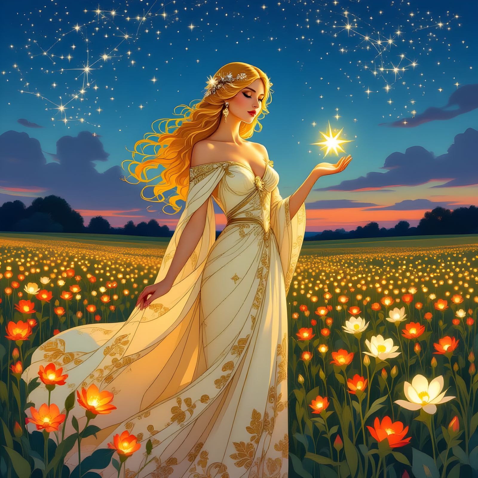 Celestial Queen in Art Nouveau Starlight Garden