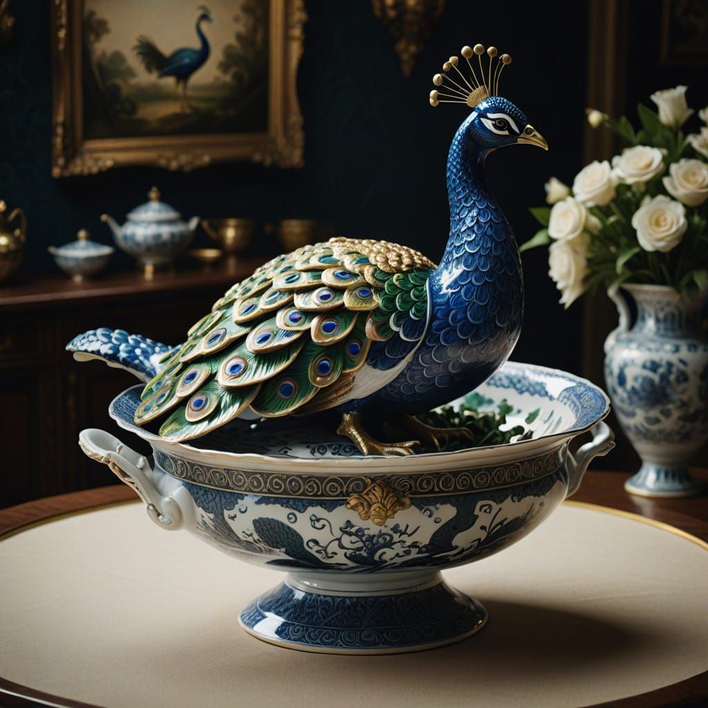 Elegant Porcelain Peacock Tureen with Intricate Details
