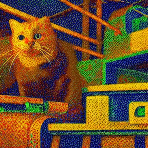 Pointillistic Cat on Devil's Scooter in Workshop