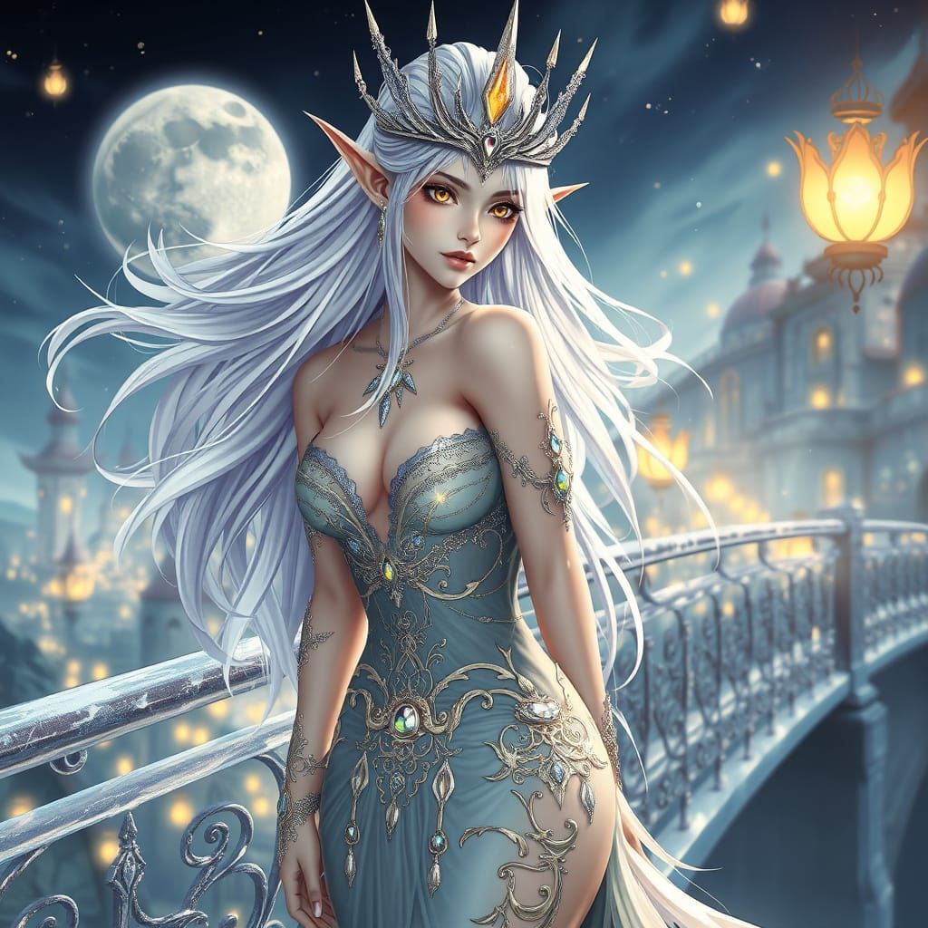 Ethereal Elven Queen on Crystal Bridge in 3D Anime Style