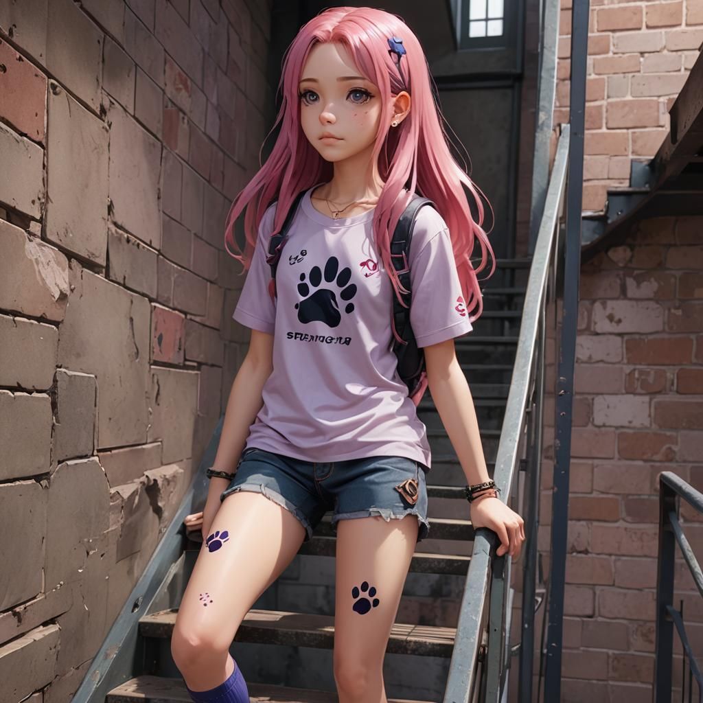 Anime Style: Girl with Pink Hair in Stairwell