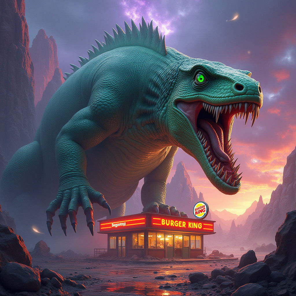 Giant Lizard Devouring Burger King Restaurant