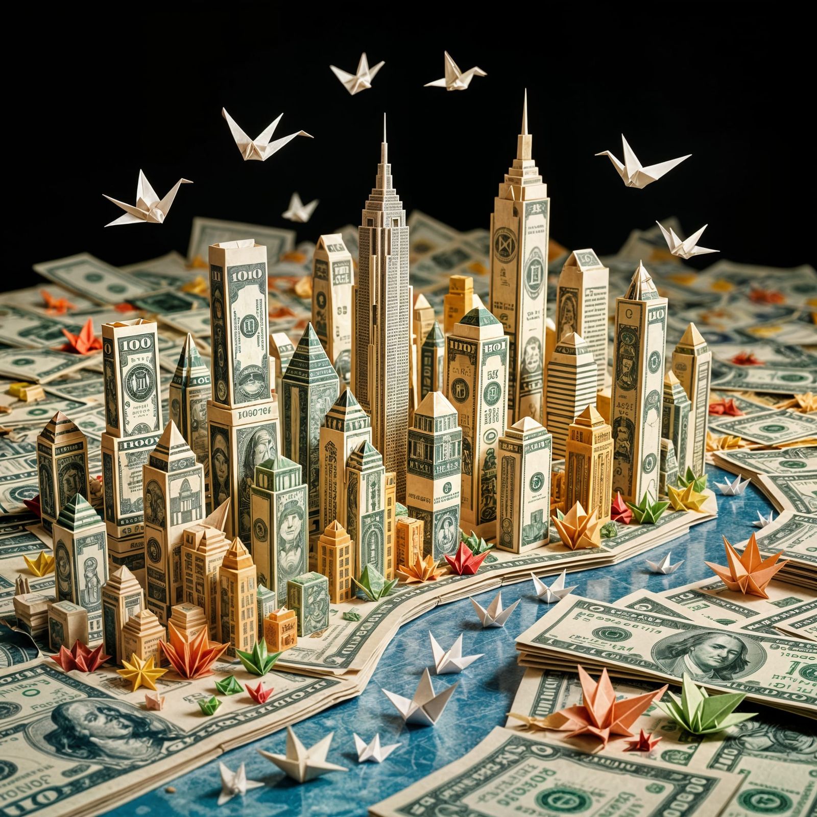 Origami Dollar Bill Cityscape with Paper Cranes