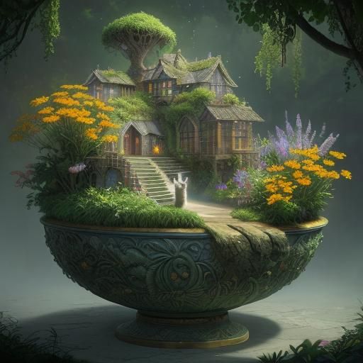 Cat and Kitten by Flower Pot: Digital Matte Painting