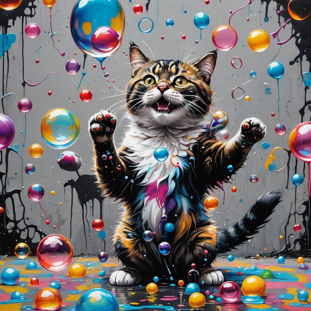Cat Playing with Bubbles in Graffiti Art Style