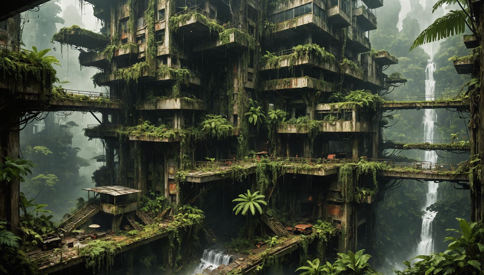 Rainforest Reclaims Derelict City in Overcast Light