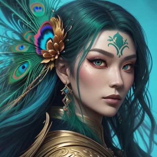 Fantasy Asian Woman with Peacock Feather Lashes