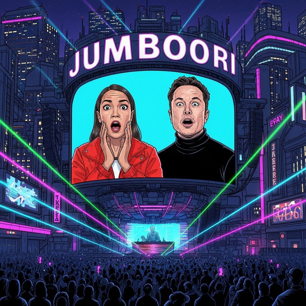 AOC and Elon Musk on Jumbotron in Concert