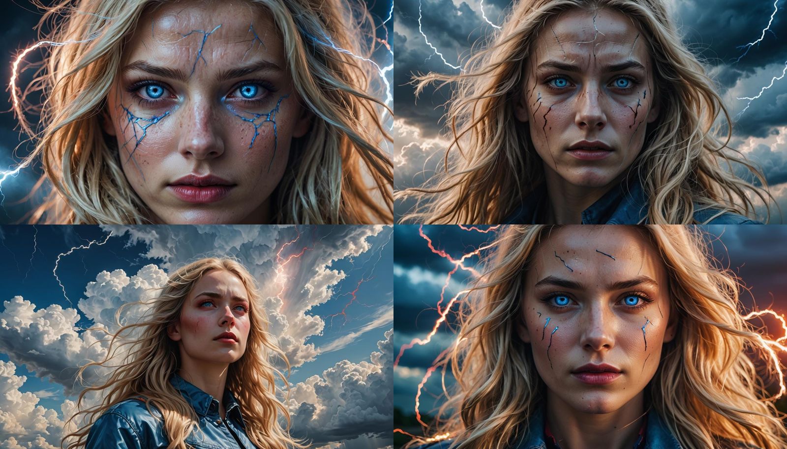 Hyperrealistic Woman with Cracked Face and Lightning Lines