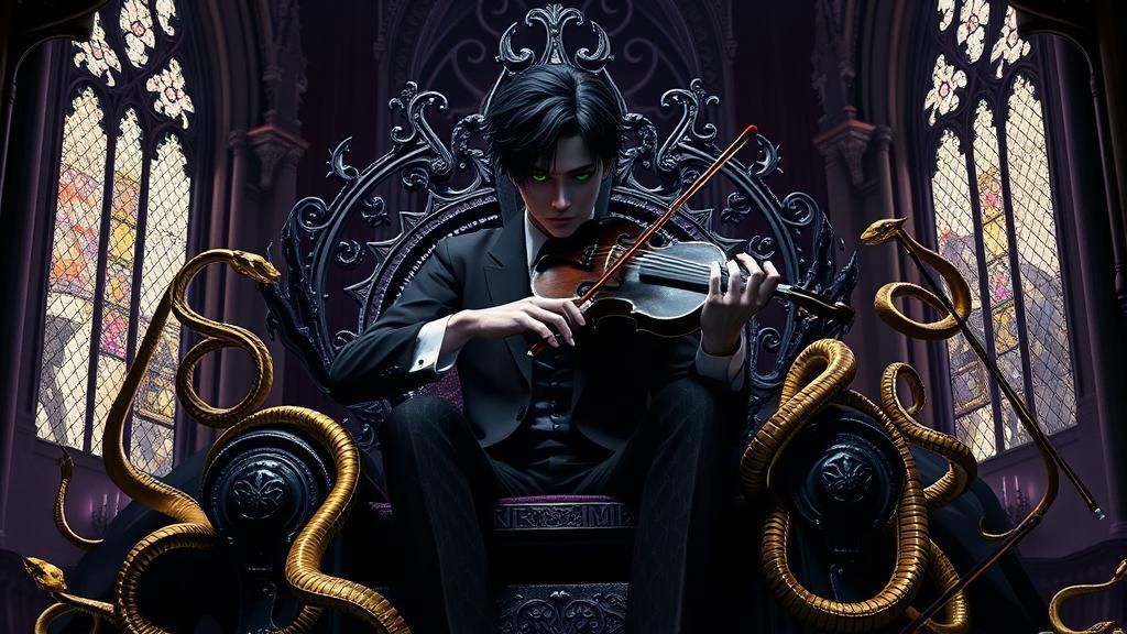 Gothic Violinist on Obsidian Throne in Dark Fantasy