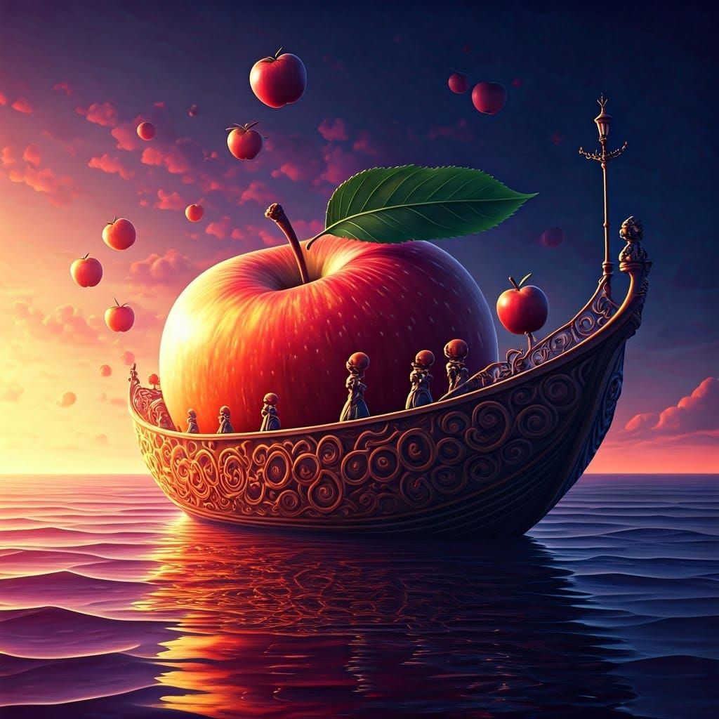 Whimsical Apple Ship Sails Grape Sea in Cyberpunk Art Style