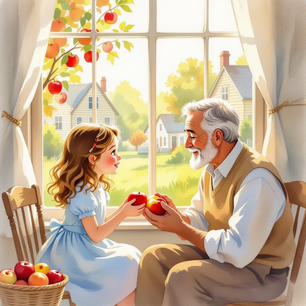 Amara Shares Apples in Golden Sunlight Children's Book Art