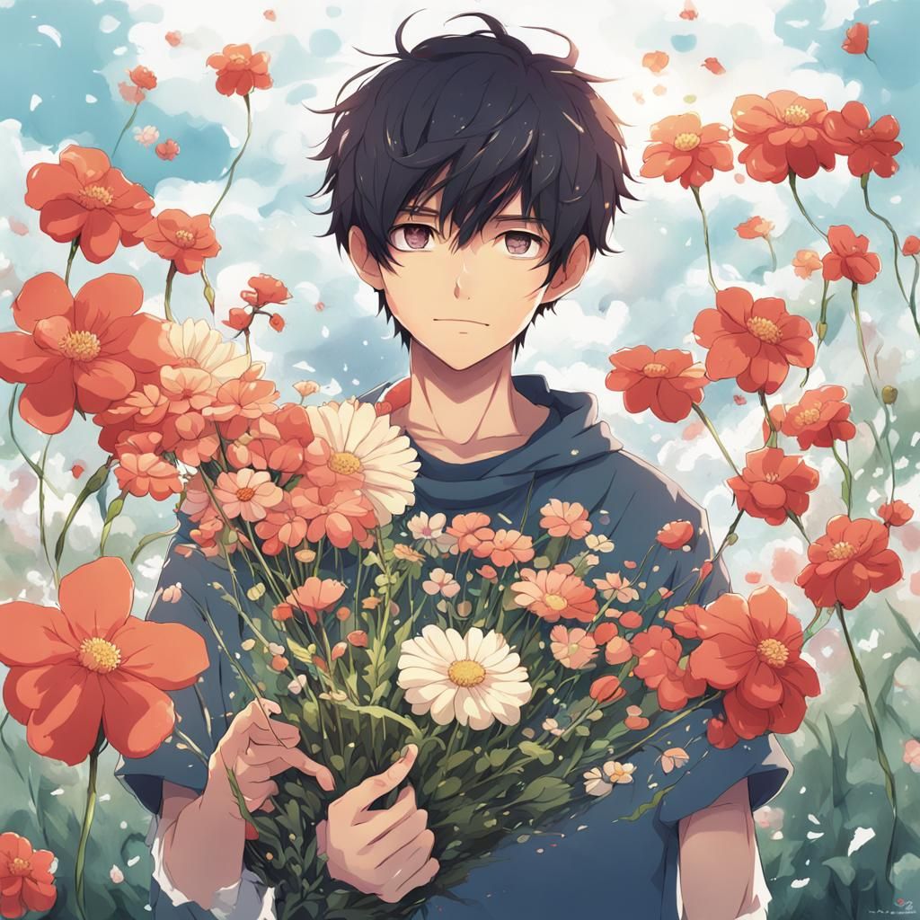 Anime Boy with Floral Scythe Digital Art