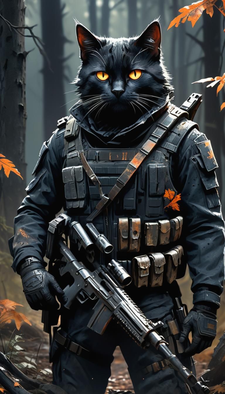 Aged Black Cat Special Forces in Dark Forest