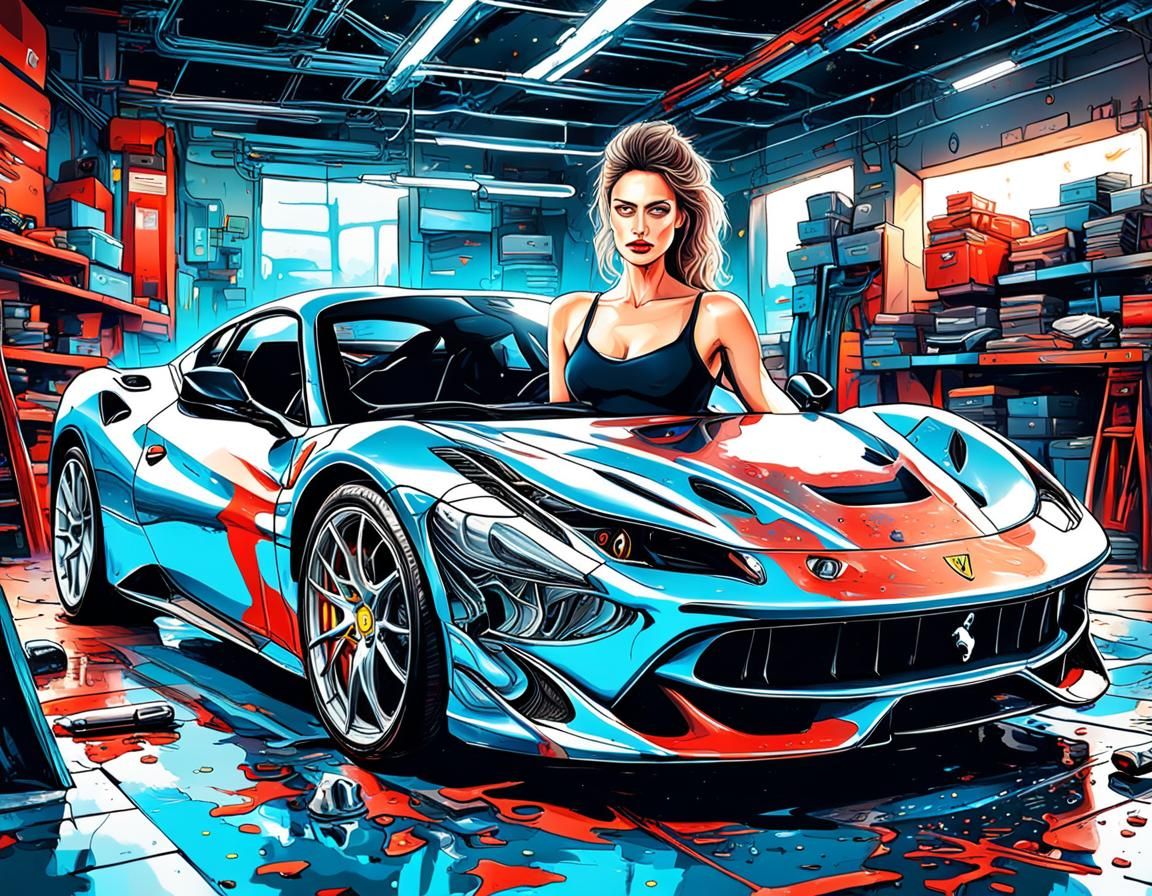 Woman Repairs Ferrari: Horror Dreamscape by Amaringo