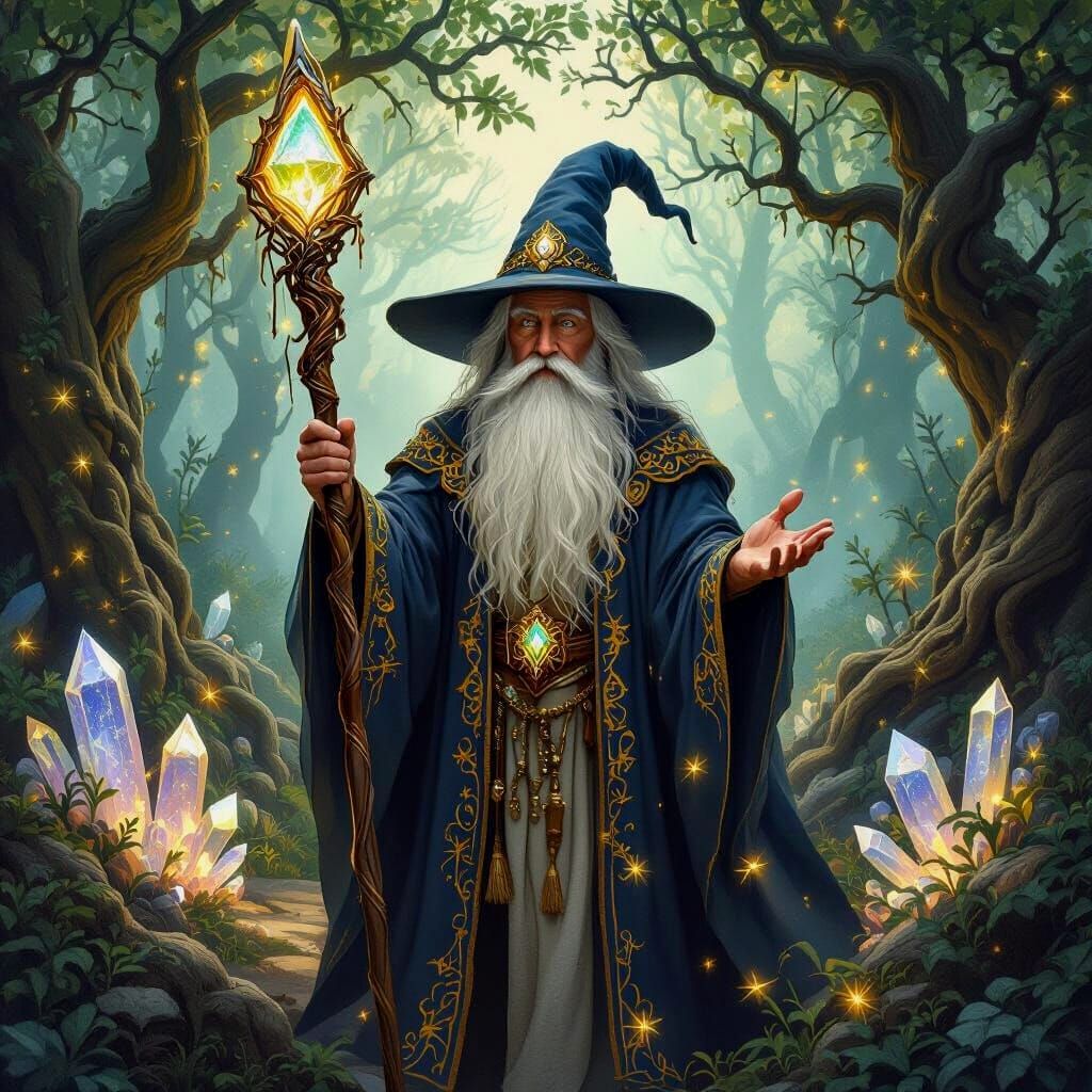 Mystical Wizard in Forest Clearing, Painterly Style