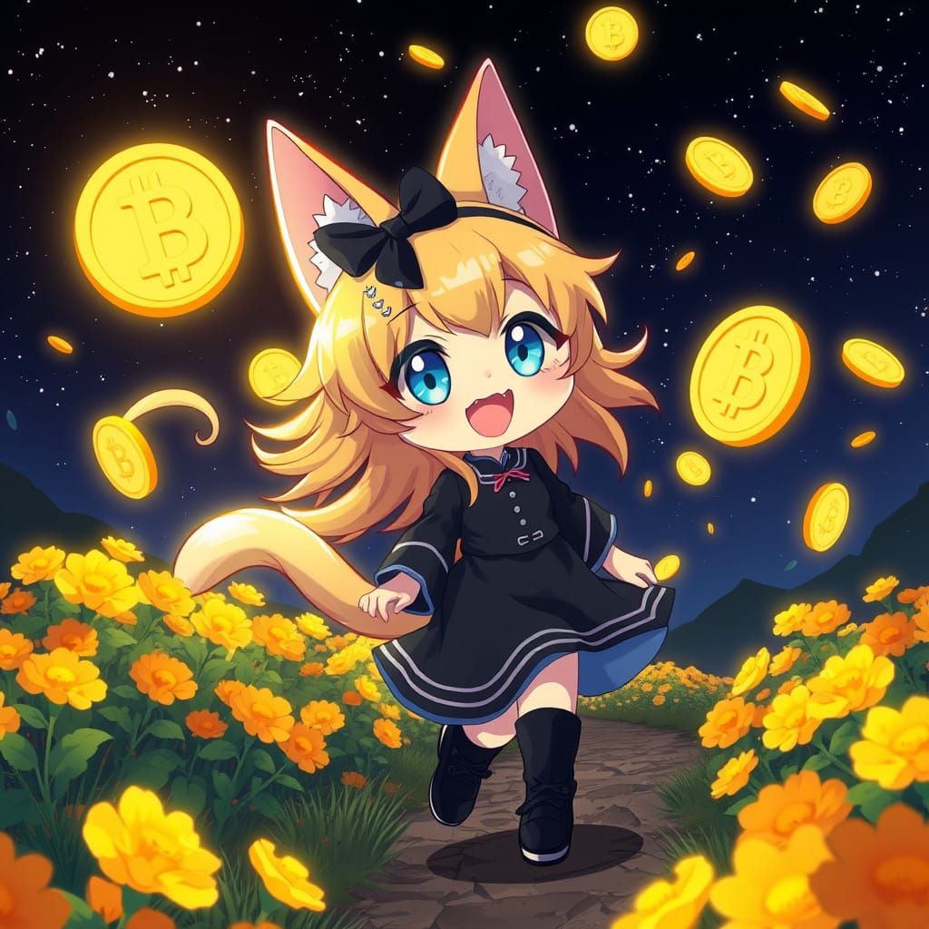 Synthwave Anime Catgirl Dances Under Marigold Blooms