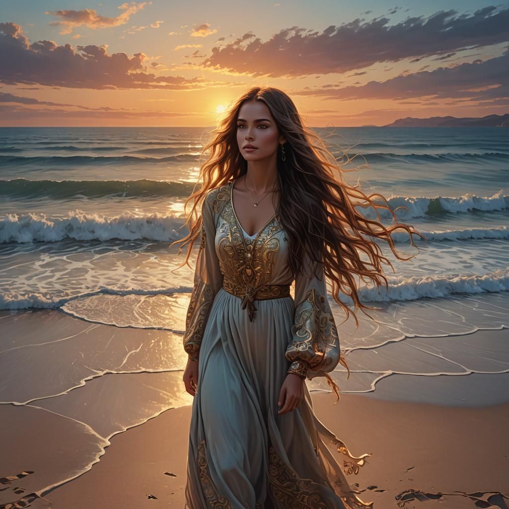 Woman on Beach at Sunset: Detailed Digital Art