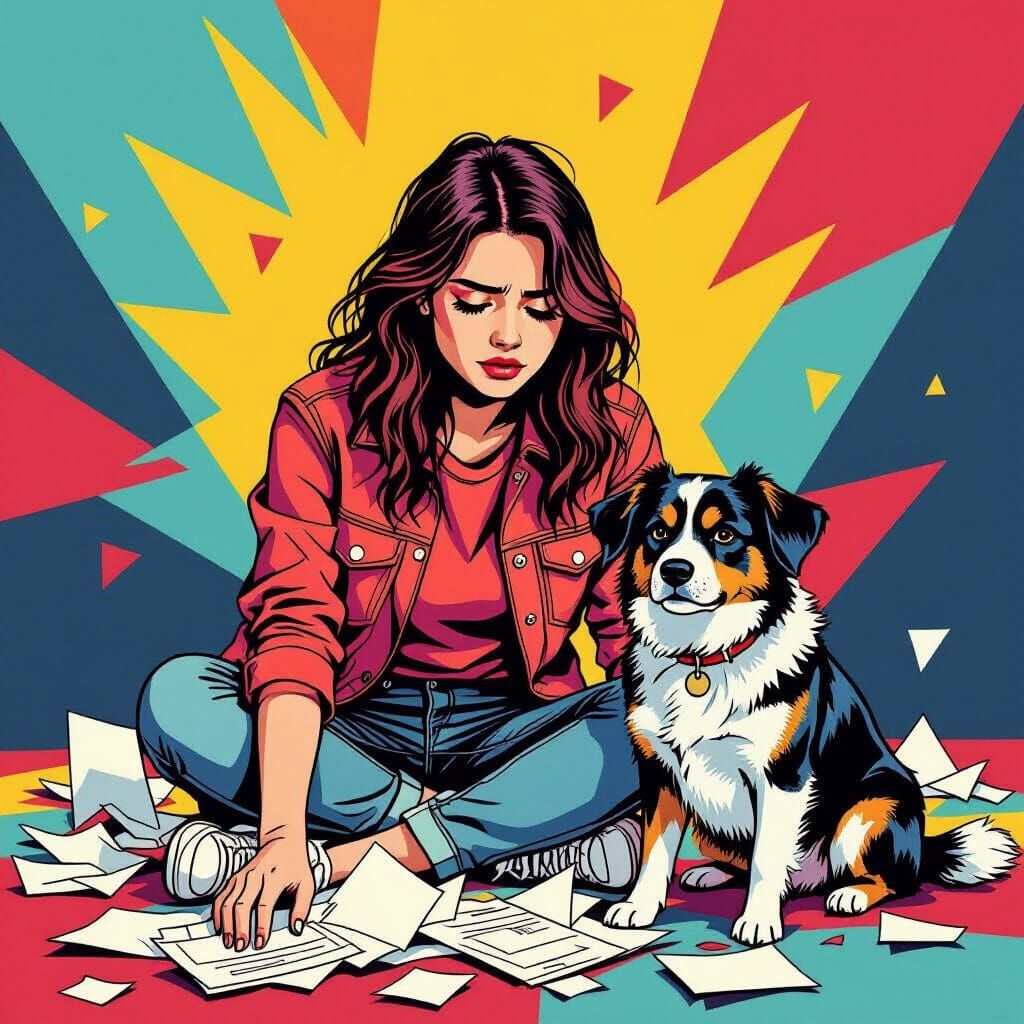 Distressed Student with Guilty Dog in Pop Art Style