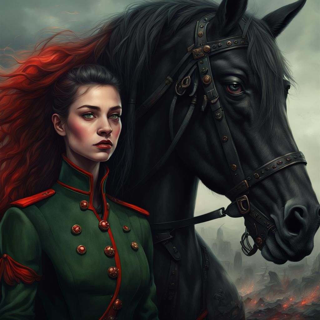Fantasy Girl with Black Horse in Detailed Matte Painting