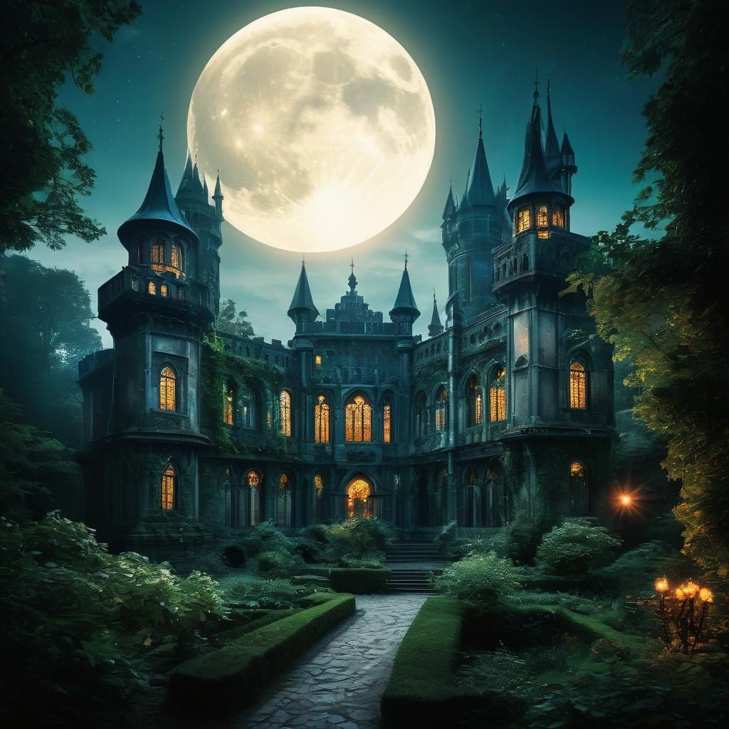 Mystical Moonlit Garden: Hyperrealistic Castle Photography