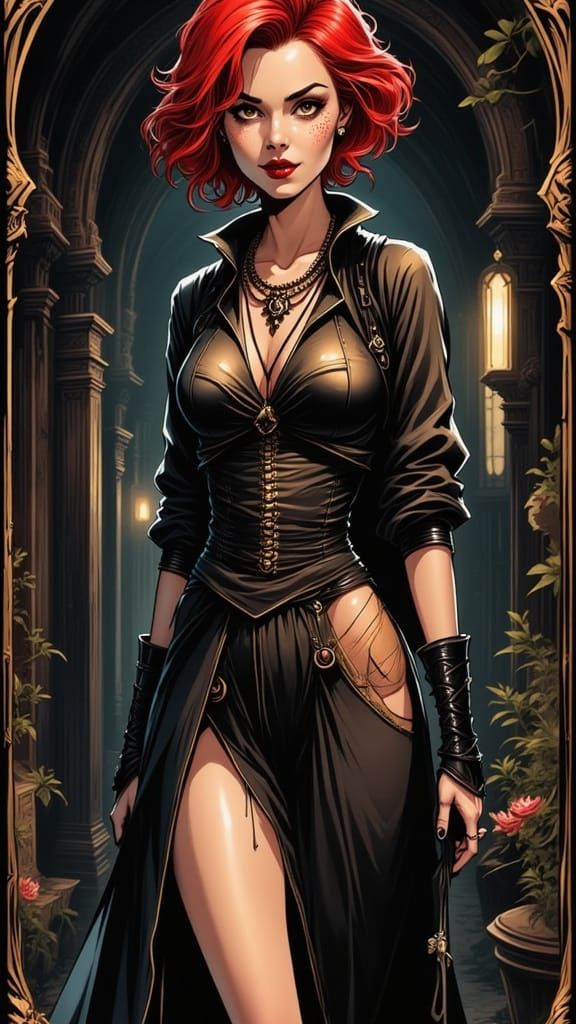 Black Coffee - 

Red Comet, a beautiful short red hair woman, Amber Eyes,