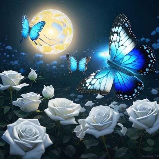 Butterflies and Magical Roses at Night in Digital Painting