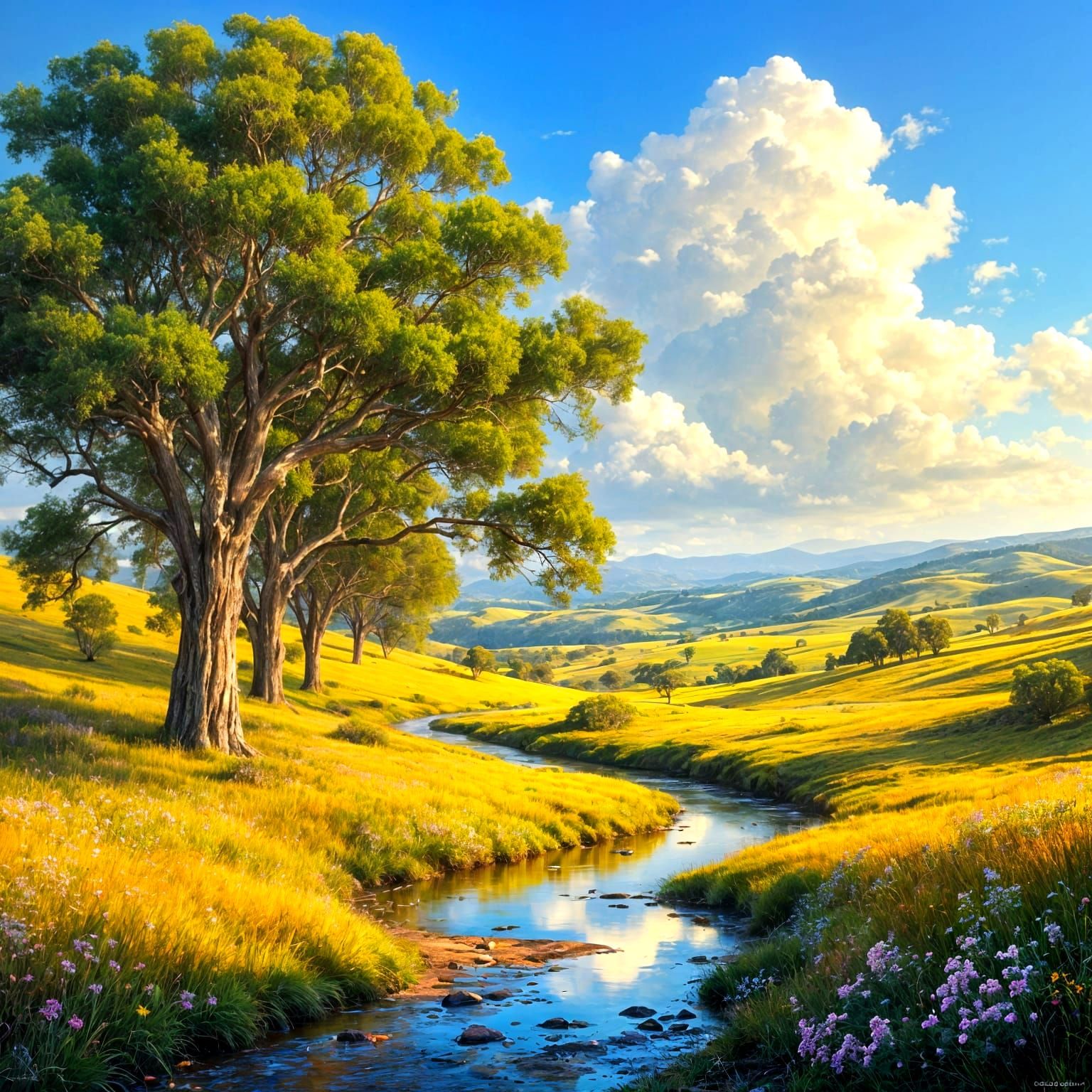 Idyllic Australian Bushland Scene with Wildflowers and Gumtr...