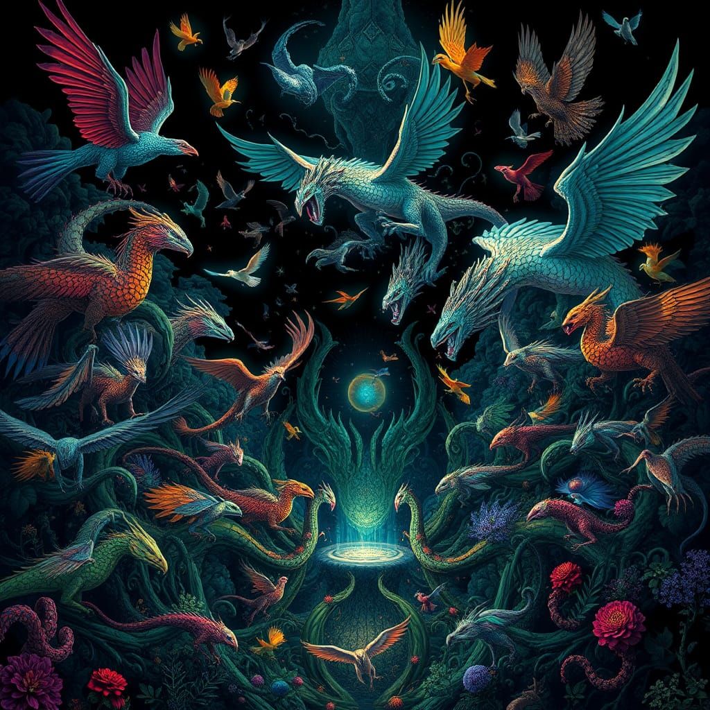 Mystical Menagerie of Fantasy Creatures in Opulent Style