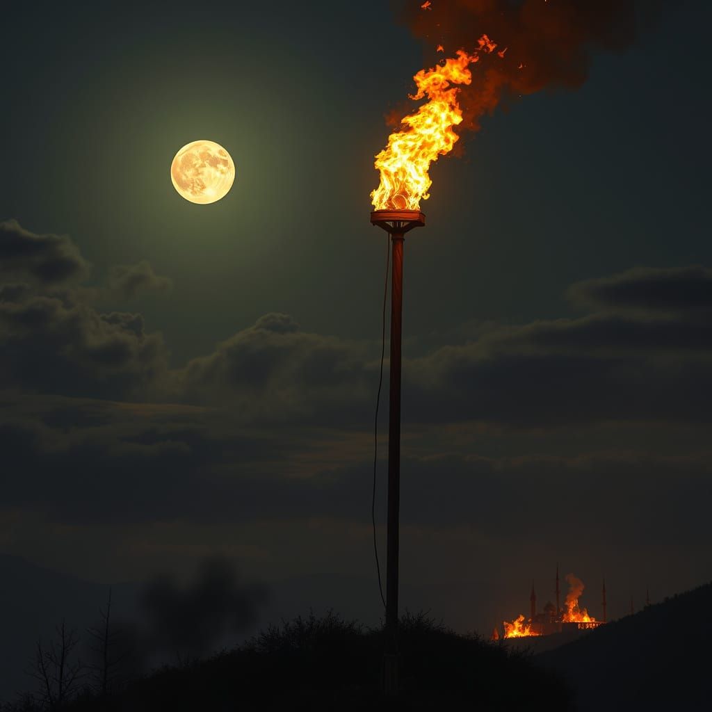 Medieval Warning Beacon on Hilltop at Sunset