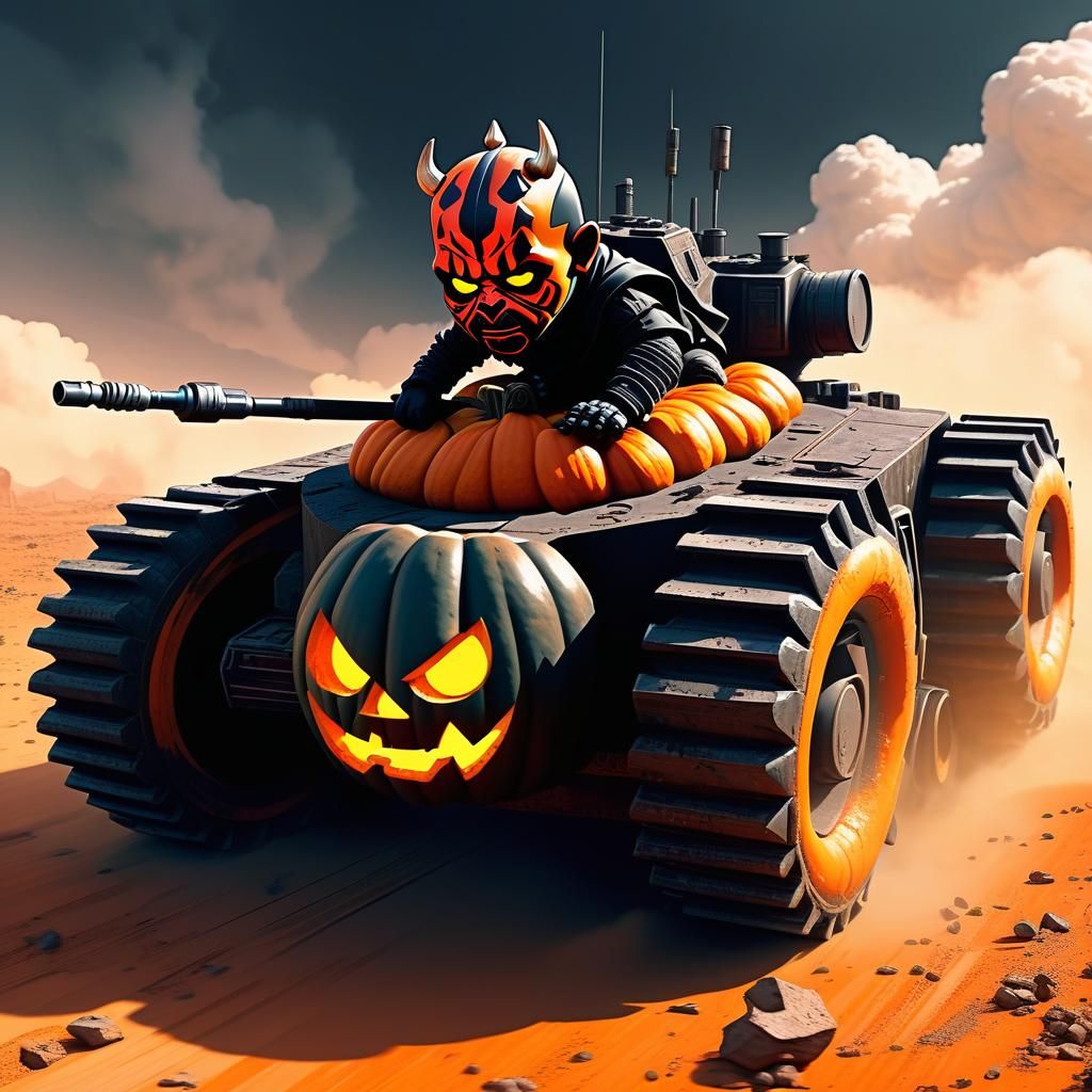 Chibi Darth Maul Races Pumpkin Tank in Wasteland