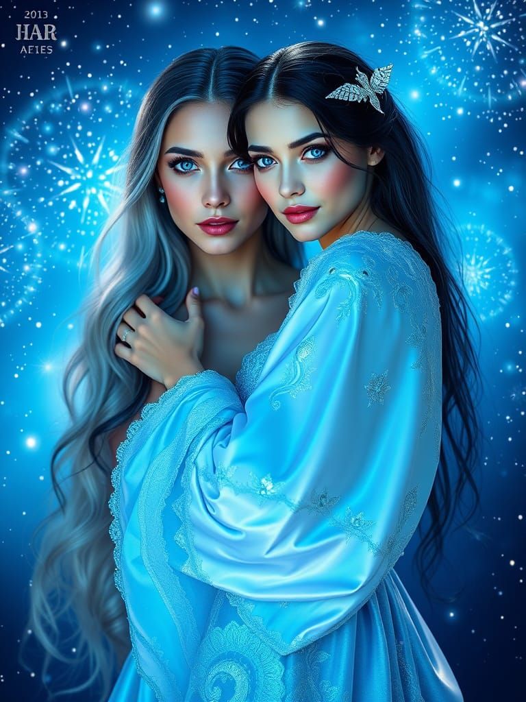 A majestic, Pleiadian woman with sapphire-blue eyes and luminous, black hair, adorned with delicate, crystal-like white ...