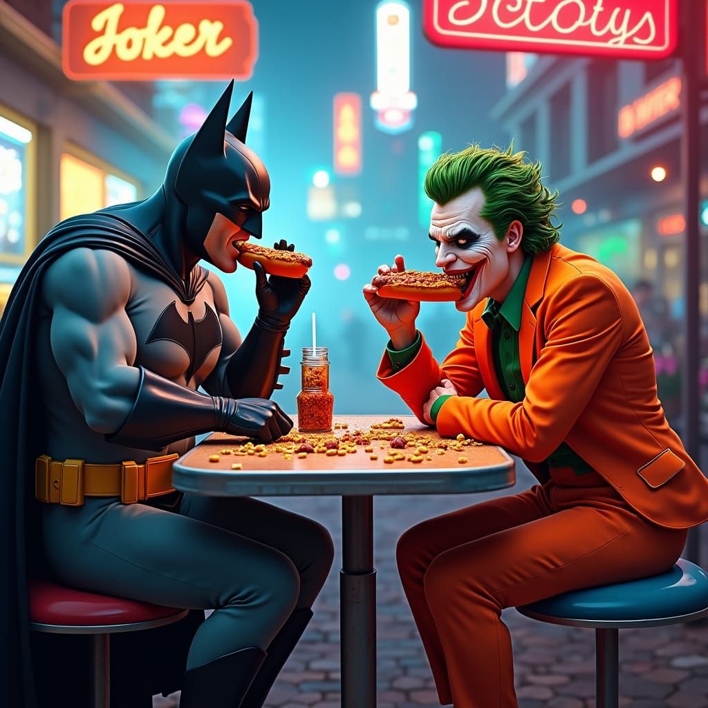 Batman vs Joker: Hot Dog Eating Contest in Neon Cityscape