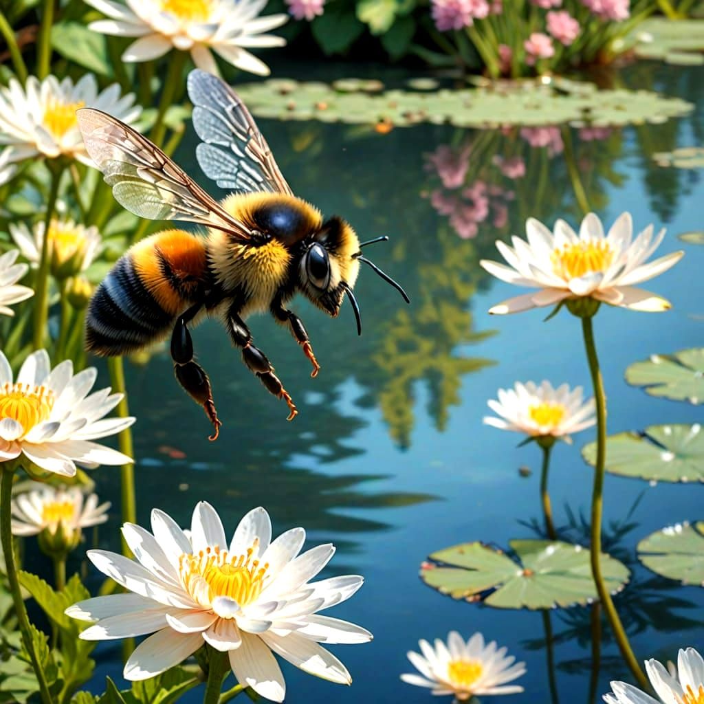 Vibrant Bumble Bee on Serene Heron's Beak, Shimmering Lake S...