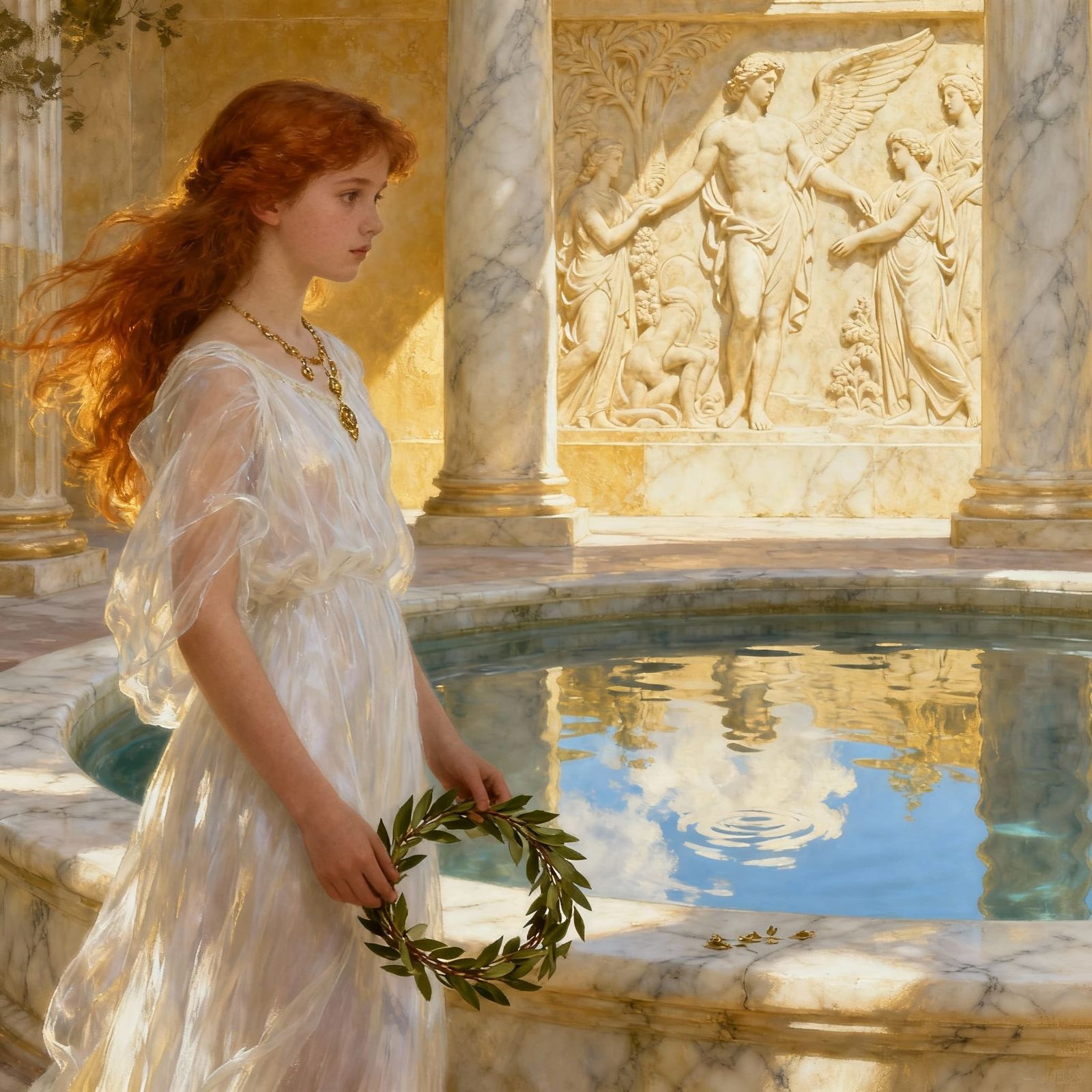 Beautiful Girl by Marble Pool in Alma Tadema Style
