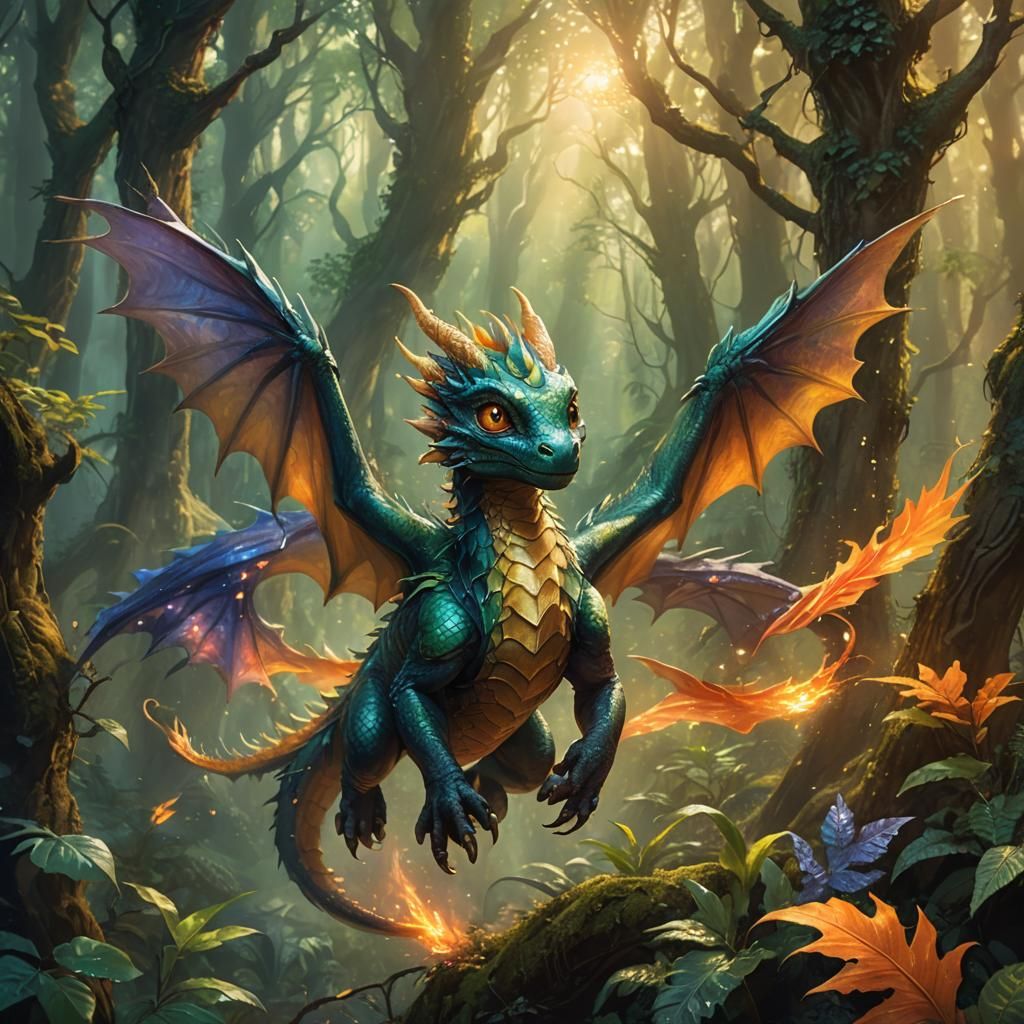 Mystical Baby Dragon Flight Through Ancient Forest